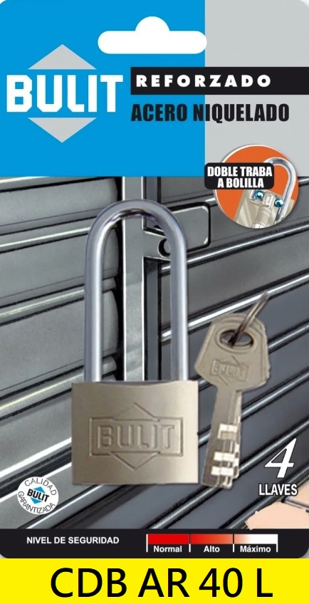 CANDADO BULIT REFORZADO  ACERO NIQUEL 40 MM ARCO LARGO