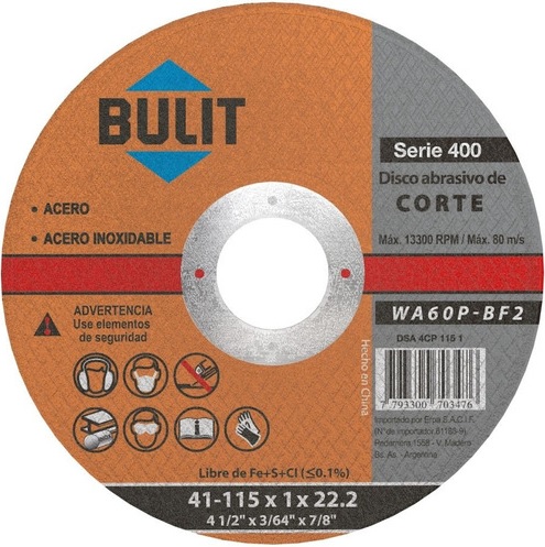 DISCTO CORTE OXIDO ALUMINIO PLANO  4,5"(115X 1,6MM) BULIT